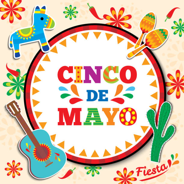 Five-of-May-5 Cinco de mayo design with circle frame background decorated with maracas, pinata,guitar and cactus cinco de mayo stock illustrations