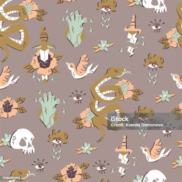 Seamless Pattern With Hand Drawn Old School Tattoo Stock Illustration - Download Image Now
