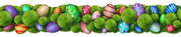 Easter decoration horizontal banner border with vintage decorative festive spring season decorated colorful eggs and abstract green grass as a 3D illustration isolated on a white background.
