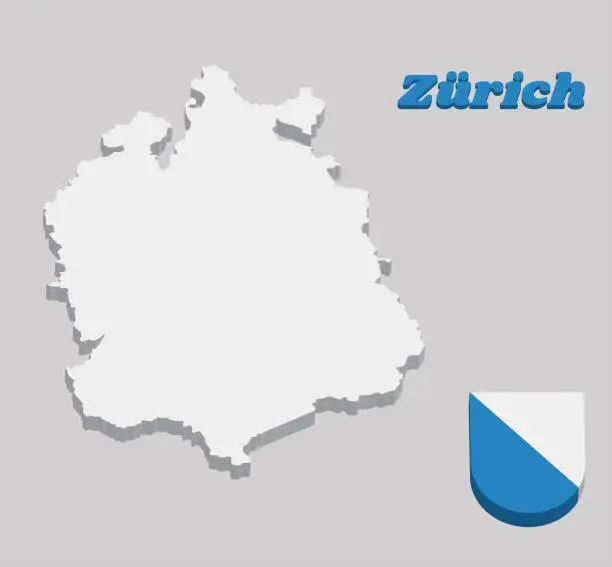 Vector illustration of 3D Map outline and Coat of arms of Zurich, The canton of Switzerland with name text Zurich.