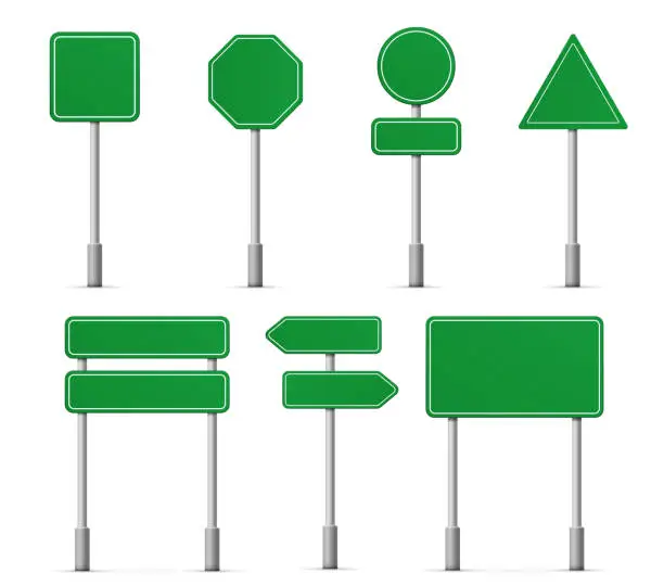 Vector illustration of Road board highway signs icons. Vector street signboard information pointer, street direction road signs mockup templates