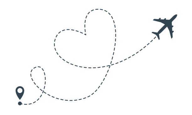 ilustraciones, imágenes clip art, dibujos animados e iconos de stock de ruta del avión del corazón. vector de vuelo del corazón del avión desde el pin de ubicación, viaje y el icono de entrega - journey travel road sky