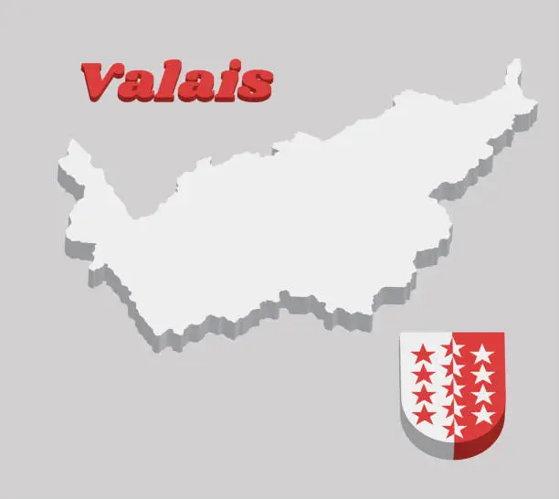 Vector illustration of 3D Map outline and Coat of arms of Wallis, The canton of Switzerland.