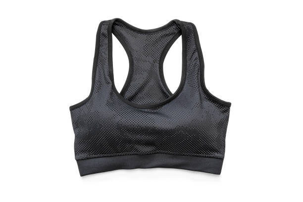 reggiseno sportivo in colore nero isolato su sfondo bianco con percorso di ritaglio. la donna è flat sexy sport bra vestiti per donne attive, allenamento. bellissimi accessori sportivi e abbigliamento moda per la salute. - reggiseno sportivo foto e immagini stock