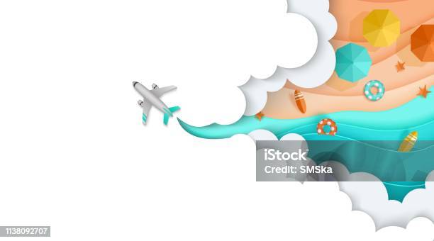 飛行機は雲を通って飛ぶ見てビーチ海砂層状ランディングページ - 旅行のベクターアート素材や画像を多数ご用意 - 旅行, 夏, バケーション