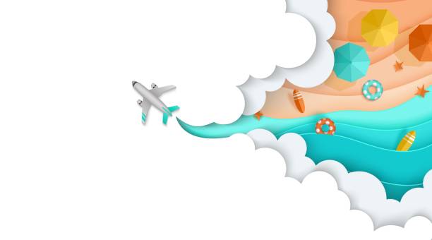 Plane flies through the clouds, see, beach, sea, sand, Layered, landing page The plane flies through the clouds, below you can see the beach, sea, sand, umbrellas. Layered vector illustrations in the style of paper cutting for advertising. Banner, landing page, place for text travel stock illustrations