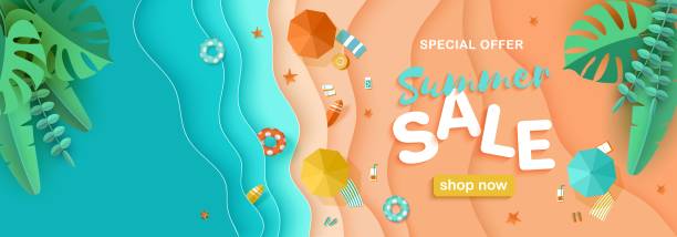 Summer sale, vector background beach, people sunbathing papercut top view Summer sale, maritime vector background with a beach, sea waves, tropical leaves, fruits, lifebuoys, surfboards, text. Advertising horizontal banner in paper style cut top view beach fashion stock illustrations