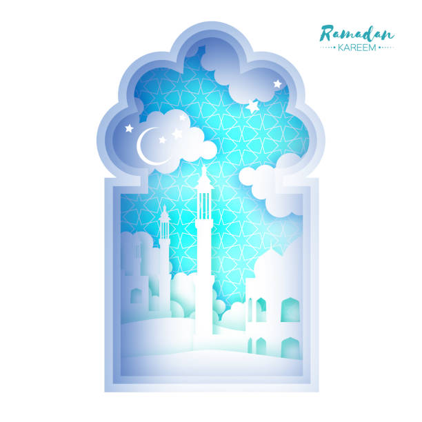 istock Ramadan Kareem Greeting card. Origami Mosque Window. Holy month. Paper cut Cloud. 1138093514