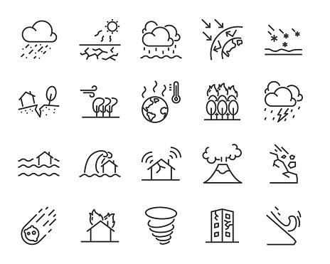 set of natural disaster icons, such as flood, wave, weather, eruption, storm, hot