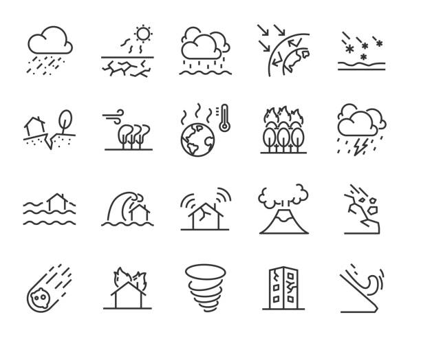 set of natural disaster icons, such as flood, wave, weather, eruption, storm, hot set of natural disaster icons, such as flood, wave, weather, eruption, storm, hot hurrican stock illustrations