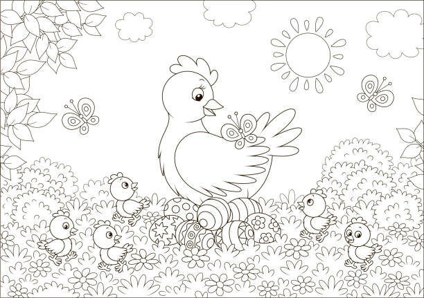 ilustrações, clipart, desenhos animados e ícones de galinha com pintainhos e ovos de easter - easter egg paint black and white drawing