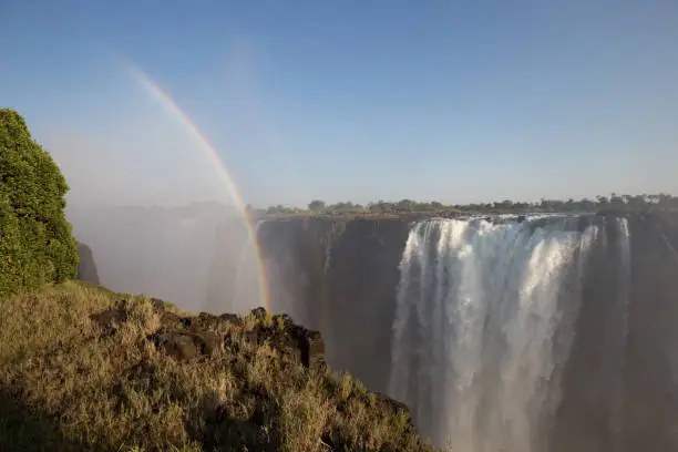 a big river in africa with a waterfall in the mountains makes rainbows