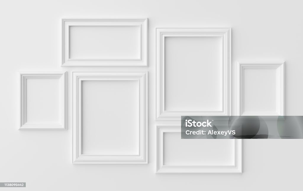 White photoframes on white wall with shadows White blank photoframes on white wall with shadows, white colorless picture frames template set, photoframe mock-up 3D illustration Frame - Border Stock Photo