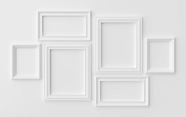 White photoframes on white wall with shadows White blank photoframes on white wall with shadows, white colorless picture frames template set, photoframe mock-up 3D illustration museum photos stock pictures, royalty-free photos & images