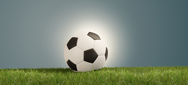 soccer ball on green grass success vibrant bright light abstract creative background 3d-illustration