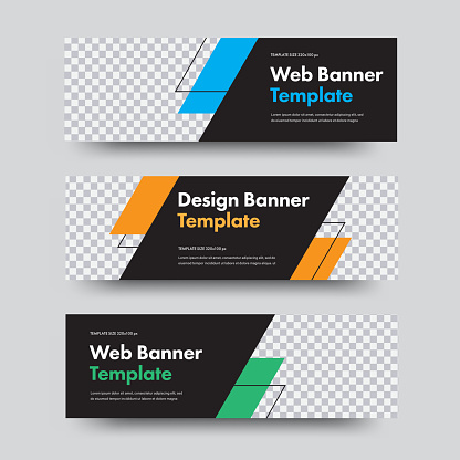 Vector black banner templates with place for photo and diagonal design elements. Web set with stroke for advertising.