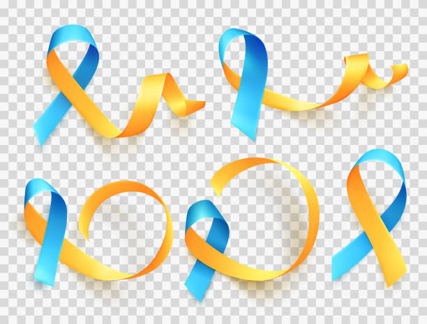 ilustraciones, imágenes clip art, dibujos animados e iconos de stock de día mundial del síndrome de down. 21 de marzo. conjunto de símbolos de cinta amarillo azul realista. plantilla para póster. vector. - sindrome de down