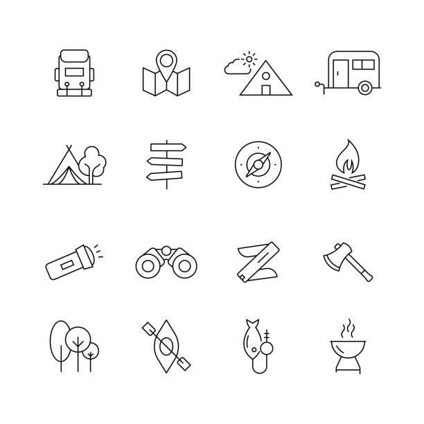 ilustrações de stock, clip art, desenhos animados e ícones de camping and outdoor related - set of thin line vector icons - sign camera travel hiking