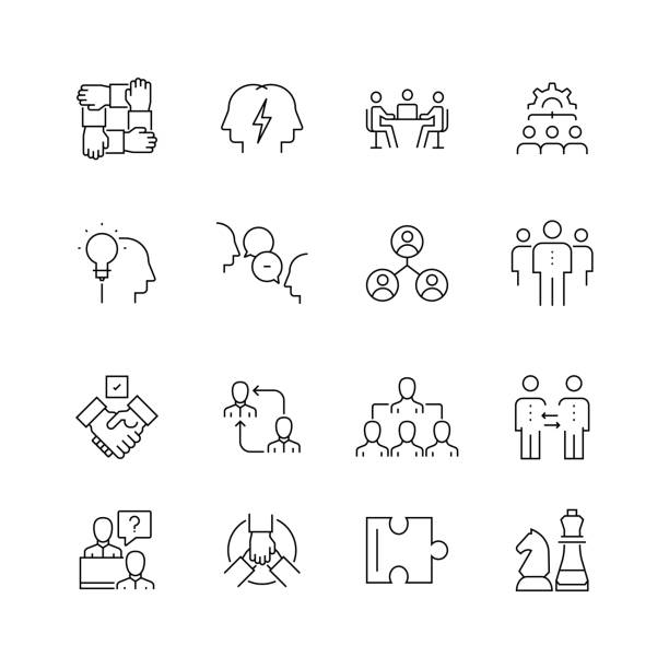 협업 관련-얇은 라인 벡터 아이콘 세트 - togetherness web page organization symbol stock illustrations