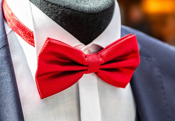Male mannequin dressed in exclusive men's suit with a bow tie against the blurred background