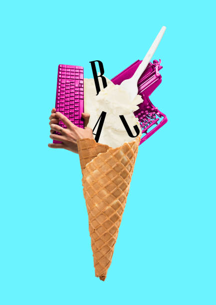 istock A copywriting concept. Ice cream cone filled with letters, typewriter and hand holding keyboard. Modern design. Contemporary art collage. 1138105625