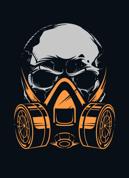 Skull with Respirator on Black Background Skull in respirator on black background. Vector art. gas mask stock illustrations