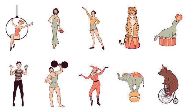 illustrazioni stock, clip art, cartoni animati e icone di tendenza di set di personaggi disegnati a mano da circo vintage, artisti, persone e animali, illustrazione vettoriale - circus animal