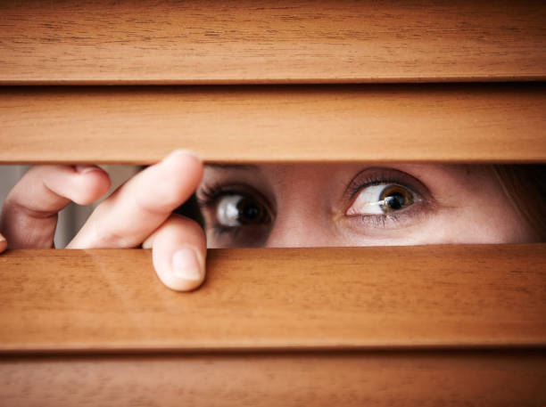 istock Female eye peering through wooden venetian blind 1138108820