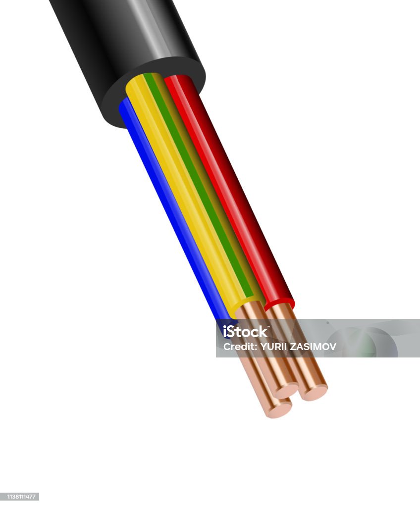 Flexible Three-wire electrical cable isolated on white background. Copper multicore cable in color insulation. Close-up of the cross section. Flexible Three-wire electrical cable isolated on white background. Copper multicore cable in color insulation. Close-up of the cross section. Vector illustration 10 eps. Armored Vehicle stock vector