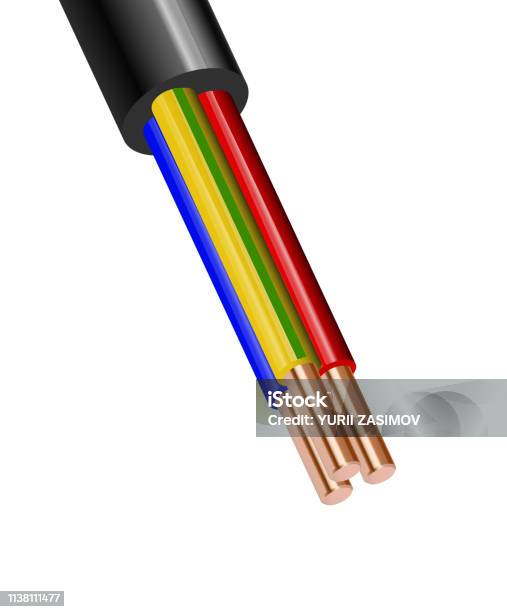 Flexible Threewire Electrical Cable Isolated On White Background Copper Multicore Cable In Color Insulation Closeup Of The Cross Section Stock Illustration - Download Image Now