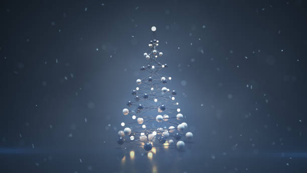 istock Futuristic christmas tree with glowing balls and snowstorm 3D rendering 1138112102