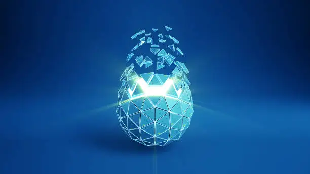 Photo of Blue polyhedron and glowing core 3D render