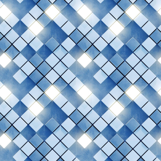 Seamless pattern of glowing white and blue tiles 3D render