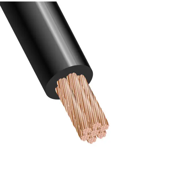 Vector illustration of Flexible power copper cable isolated on white background. Copper multi-core cable with black insulation. Close-up section. Power wire.