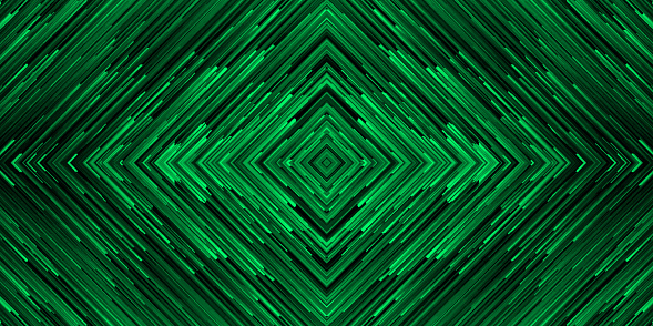 This vector illustration features abstract vector graphic art background. It is a combination of green beams contrast tone and kaleidoscopic patterns incorporating bright colors and geometric shapes. The image has a monochrome green tone.