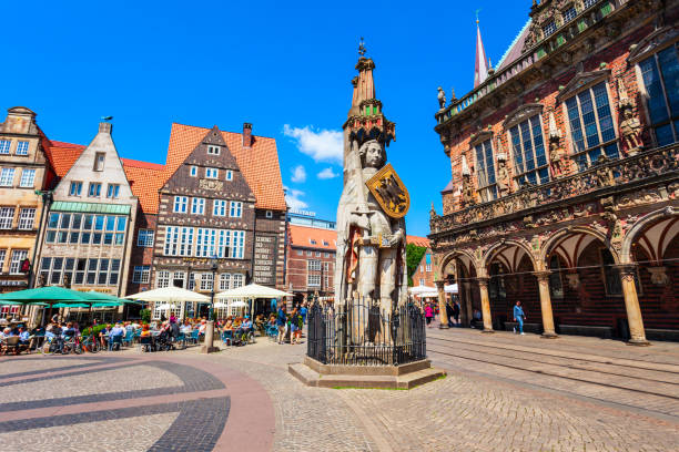 BREMEN, GERMANY - JULY 06, 2018: Bremen Roland statue in the Rathausplatz market square of Bremen in Germany