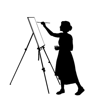 Silhouette of a young woman who paints a picture on the easel, vector illustration