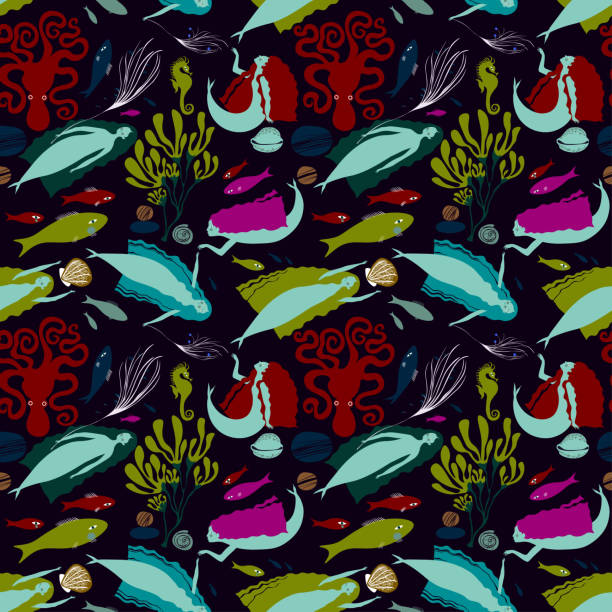 underwater world, children's pattern with mermaids, octopuses, fishes and shells. Seamless vector pattern with the underwater world, children's pattern with mermaids, octopuses, fishes and shells. sea lily stock illustrations