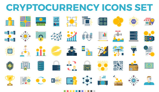 Print Cryptocurrency and Blockchain Related Flat Icons. Crypto Icon Set Featuring Bitcoin, Wallet, Mining, Distributed Ledger Technology, P2P, Altcoins, Encryption, Smart Contracts, Decentralized Vectors - Vector cryptocurrency mining stock illustrations