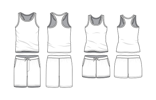 Blank male and female tank top and swimming shorts in front, back views. Clothing templates. Fashion set. Casual, sport style. Active wear. Vector illustration. Isolated on white.