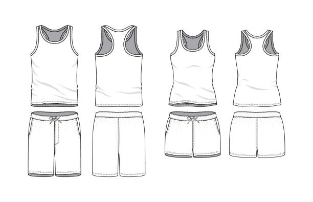 Blank clothing templates. Blank male and female tank top and swimming shorts in front, back views. Clothing templates. Fashion set. Casual, sport style. Active wear. Vector illustration. Isolated on white. shorts stock illustrations