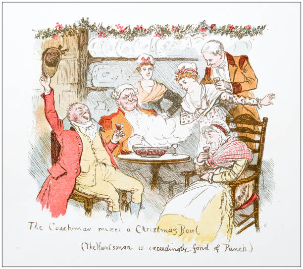 ilustrações de stock, clip art, desenhos animados e ícones de antique illustration by randolph caldecott: christmas drink - dinner friends christmas
