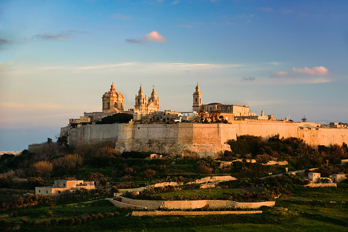 Mdina fortress at sunset, Malta. View from Mtarfa city