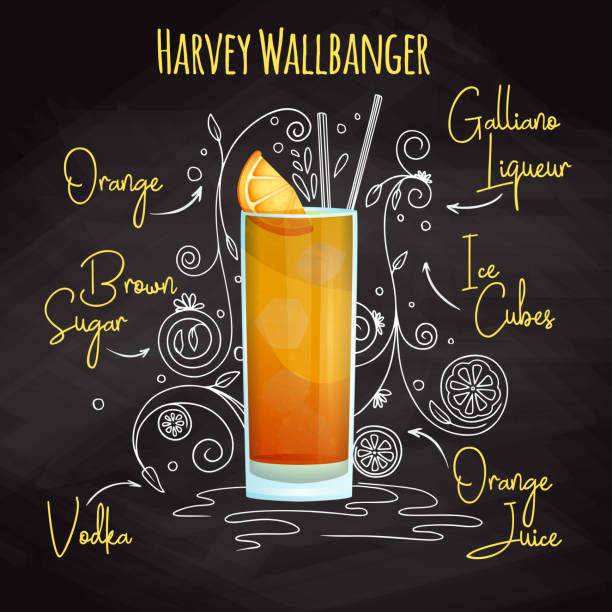 prosty przepis na koktajl alkoholowy harvey wallbanger. rysowanie kredy na tablicy. ilustracja wektorowa - orange visualization built structure cube stock illustrations