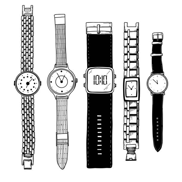 illustrazioni stock, clip art, cartoni animati e icone di tendenza di schizzo realistico di un orologio. set di orologi diversi. vettore - watch strap