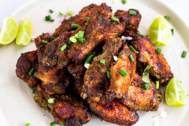 jamaican jerk chicken wings top view - chicken wing white meat unhealthy eating plate imagens e fotografias de stock