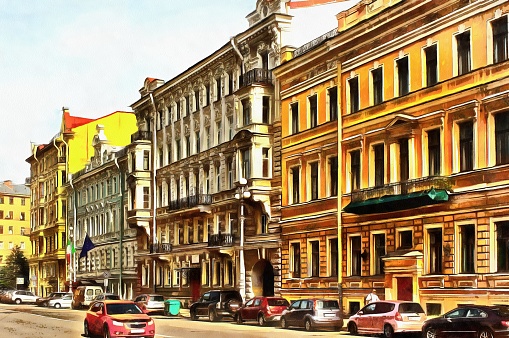City view on one of the streets of St. Petersburg in Russia. Ancient buildings and there are a lot of modern cars. Digital watercolor painting.