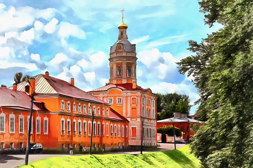 Theodore Church of the Alexander Nevsky Monastery in St. Petersburg in Russia. Digital watercolor painting.