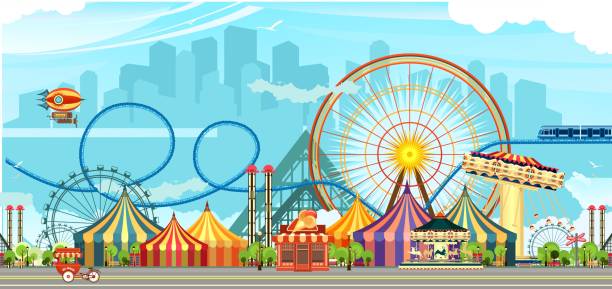 ilustraciones, imágenes clip art, dibujos animados e iconos de stock de parque de diversiones circo - parque de atracciones ilustraciones