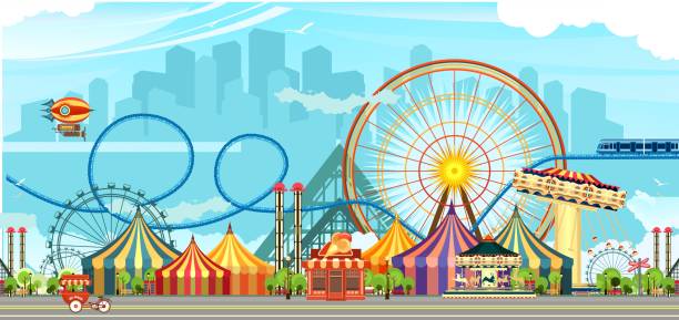 cyrk w parku rozrywki - ferris wheel carousel rollercoaster wheel stock illustrations